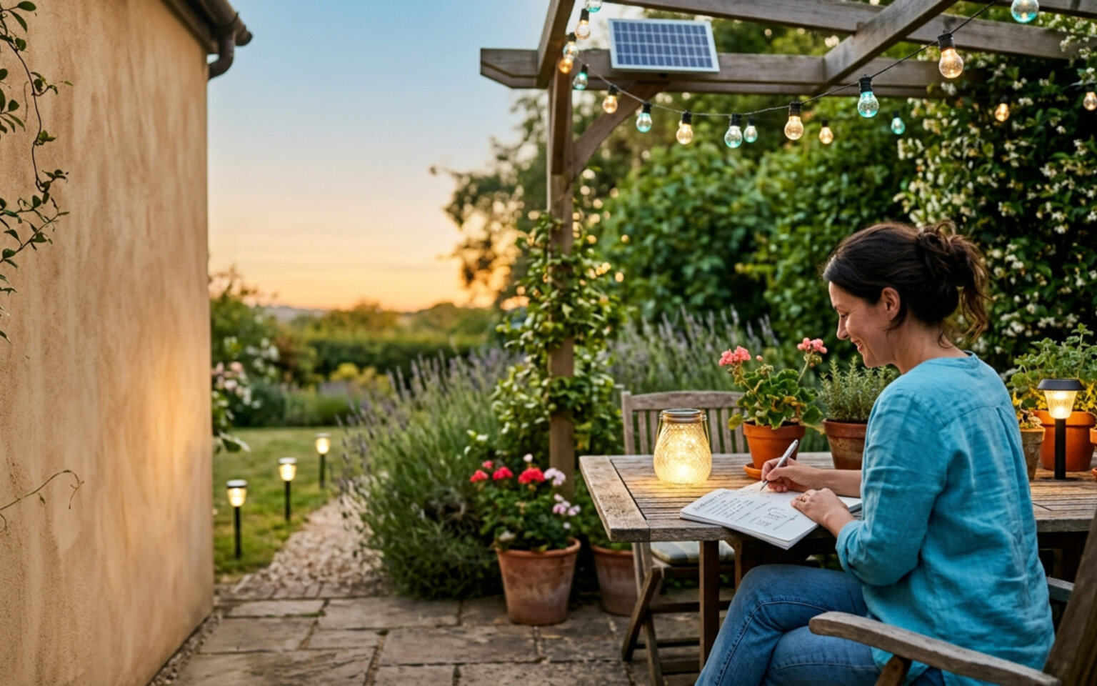 Solar garden lamps lighting a planted path at dusk, with a panelled roof beyond